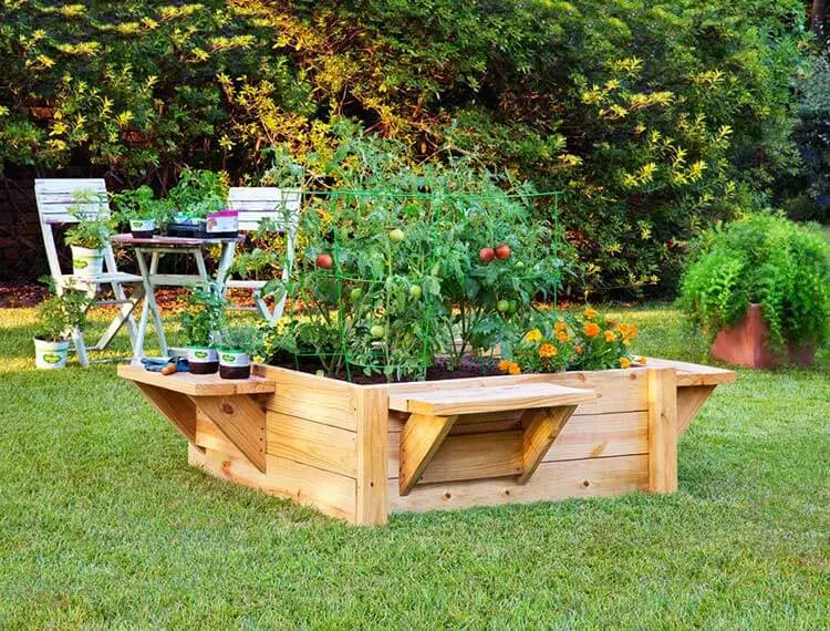 Raised garden bed with benches