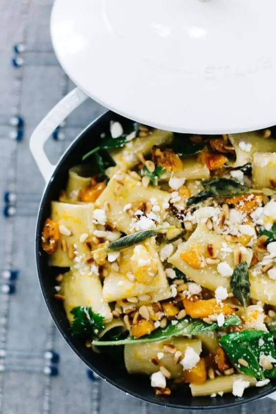 Butternut squash, spinach, and goat cheese pasta