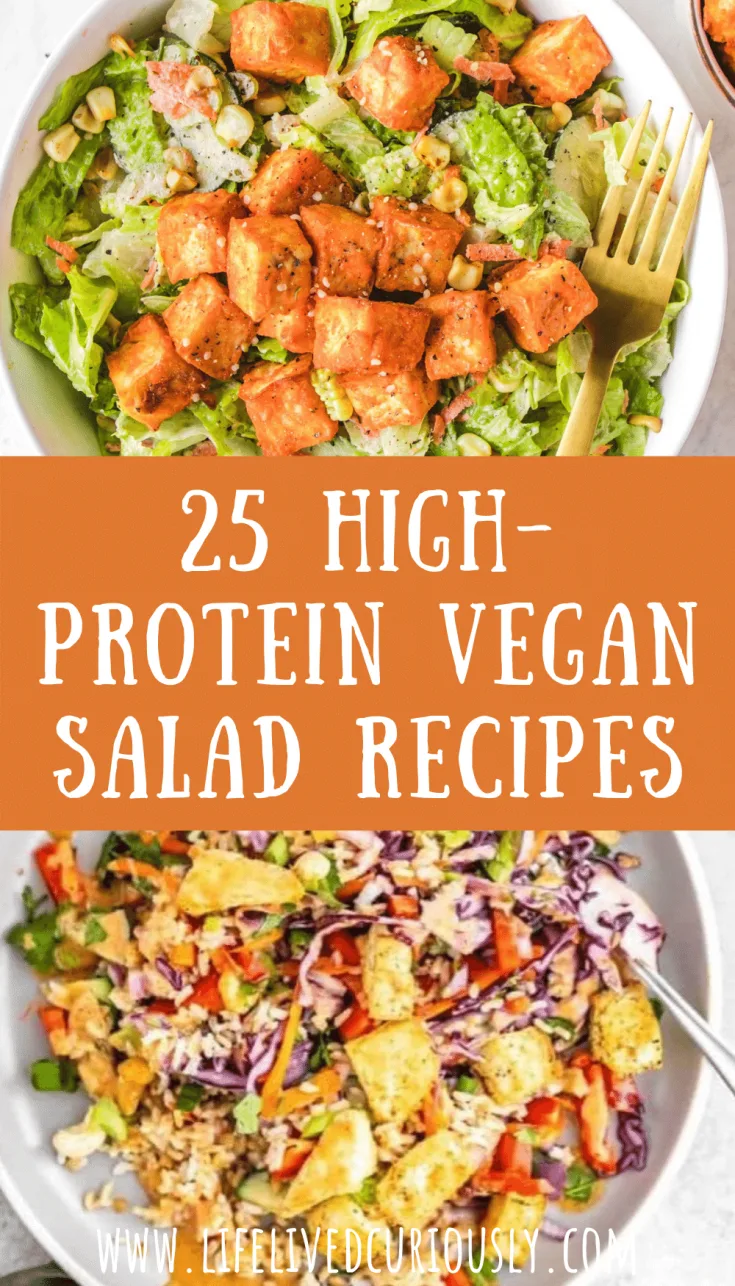 "25 High-Protein Vegan Salad Recipes" with 2 bowls of delicious salad.