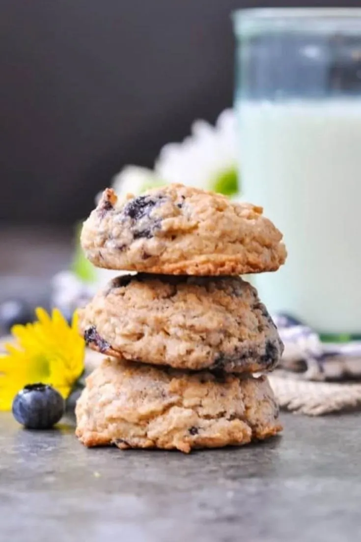 A stack of healthy blueberry muffin oatmeal cookies.