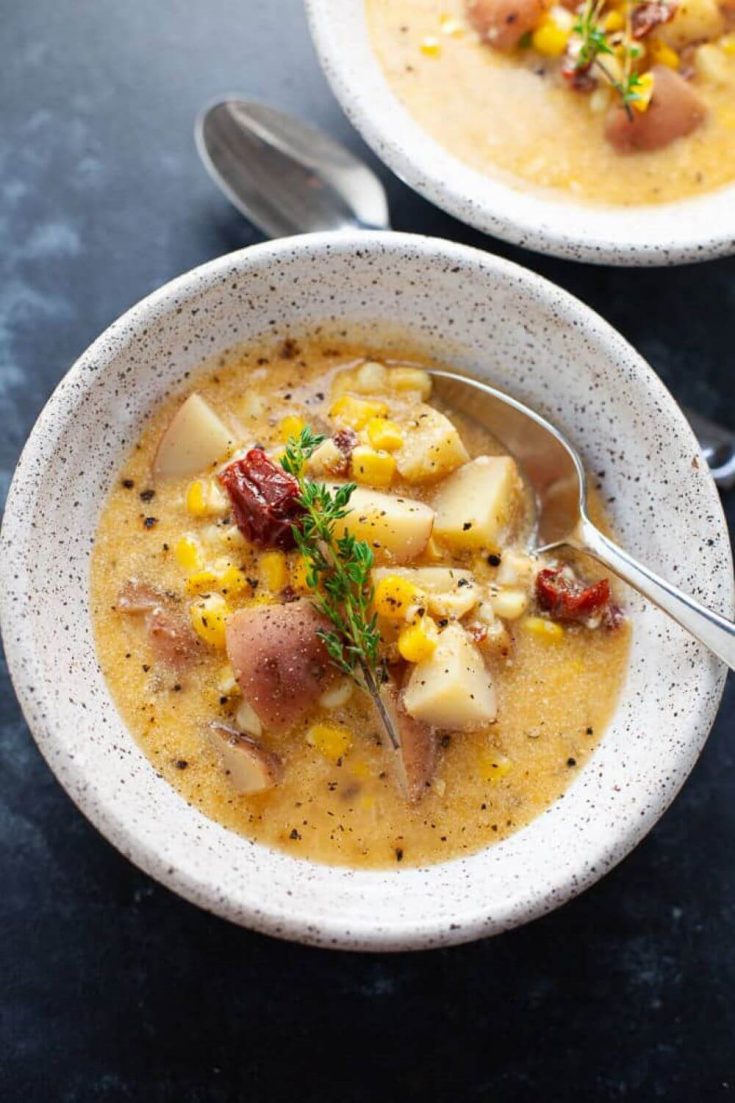 A large bowl of delicoius slow cooker chipotle corn chowder.