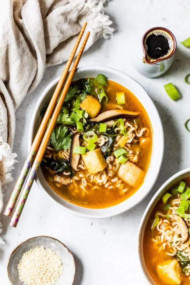 A bowl of delicious easy vegan ramen with chopsticks.