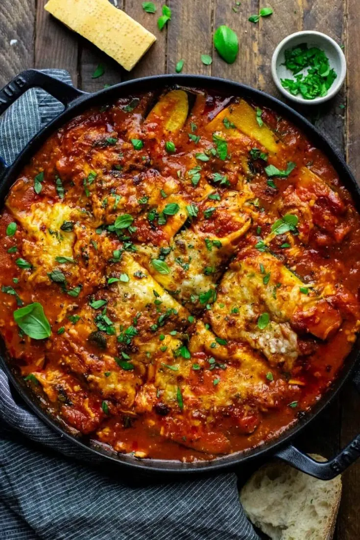 A large iron cast skillet of easy zucchini lasagna right out of the overn.