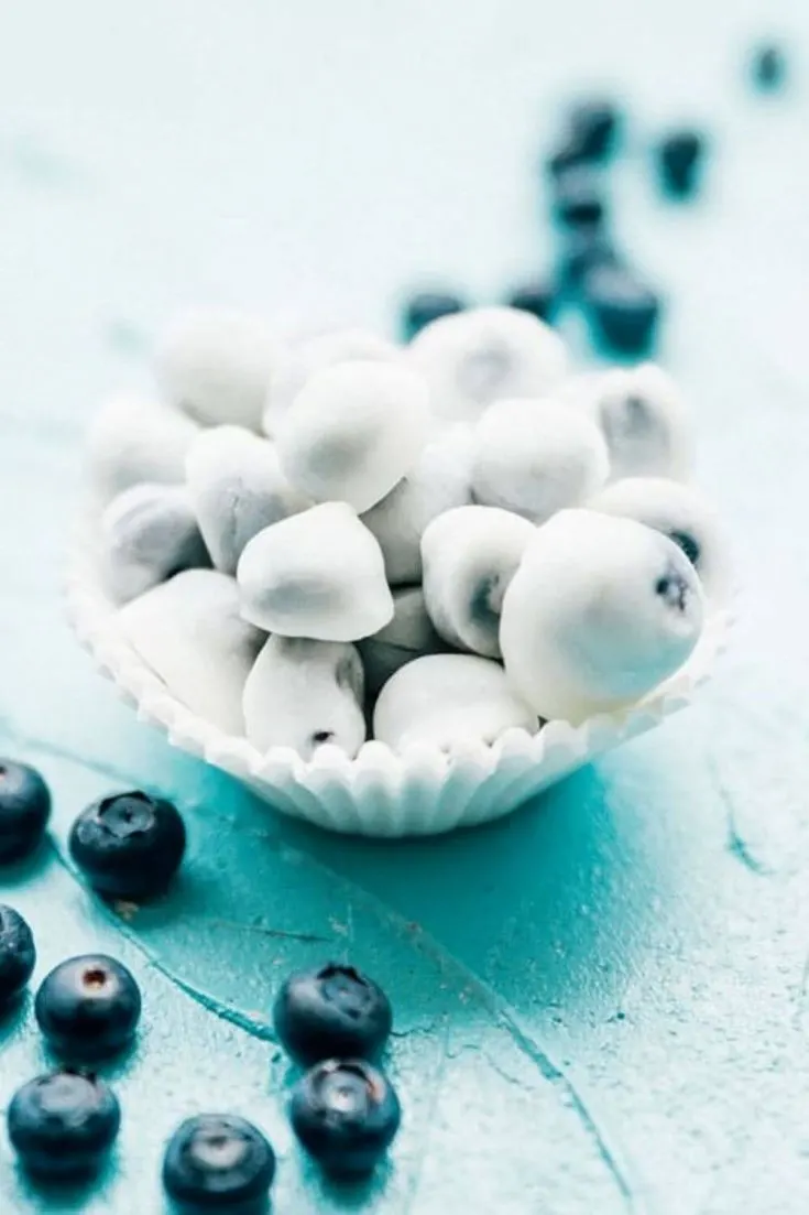 A small cup of delicious frozen blueberry yogurt bites.