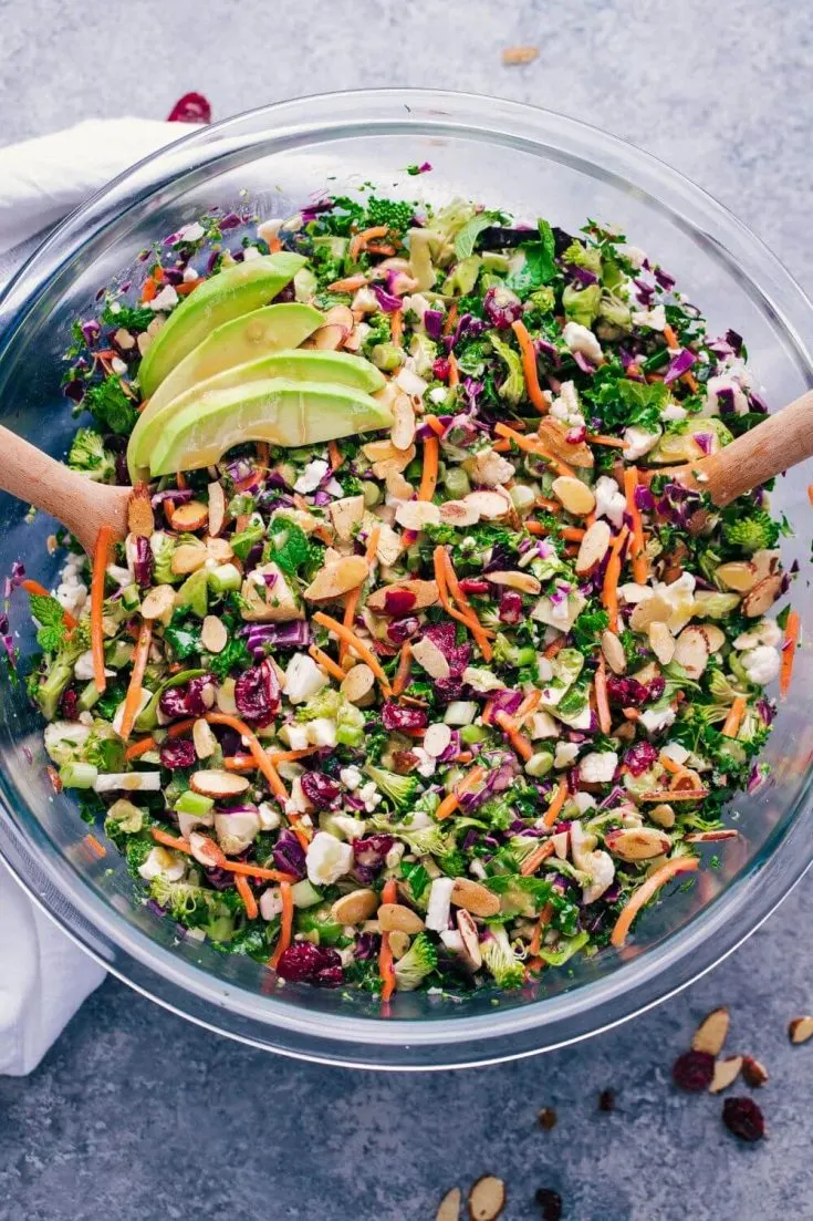 A large mixing bowl of high-protein kale detox salad.