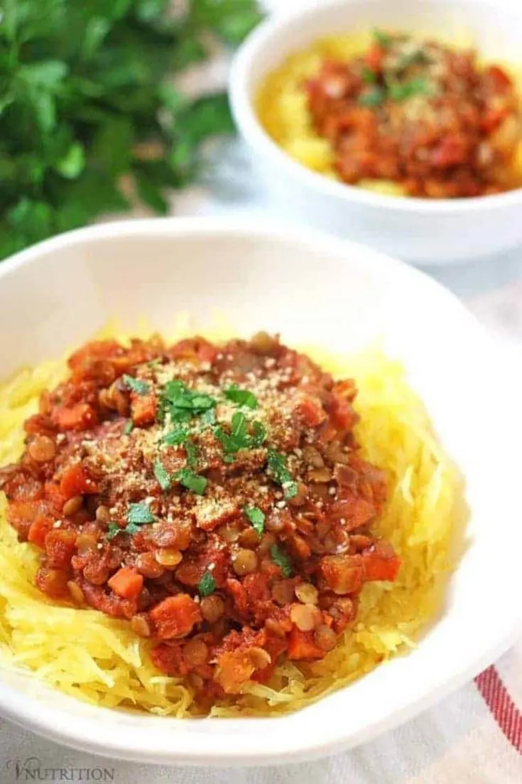 A delicious bowl of lentil bolognese spaghetti squash.