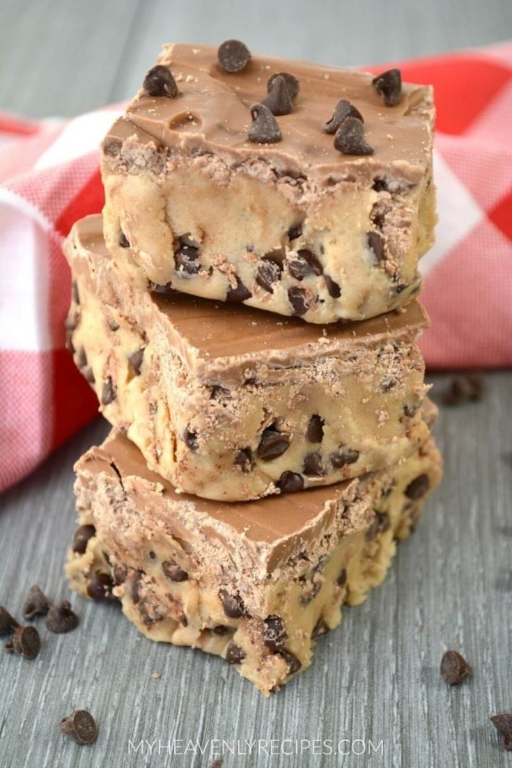 A stack of no-bake cookie dough bars.