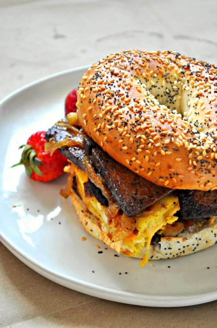 A delicious vegan philly cheesesteak breakfast sandwich.