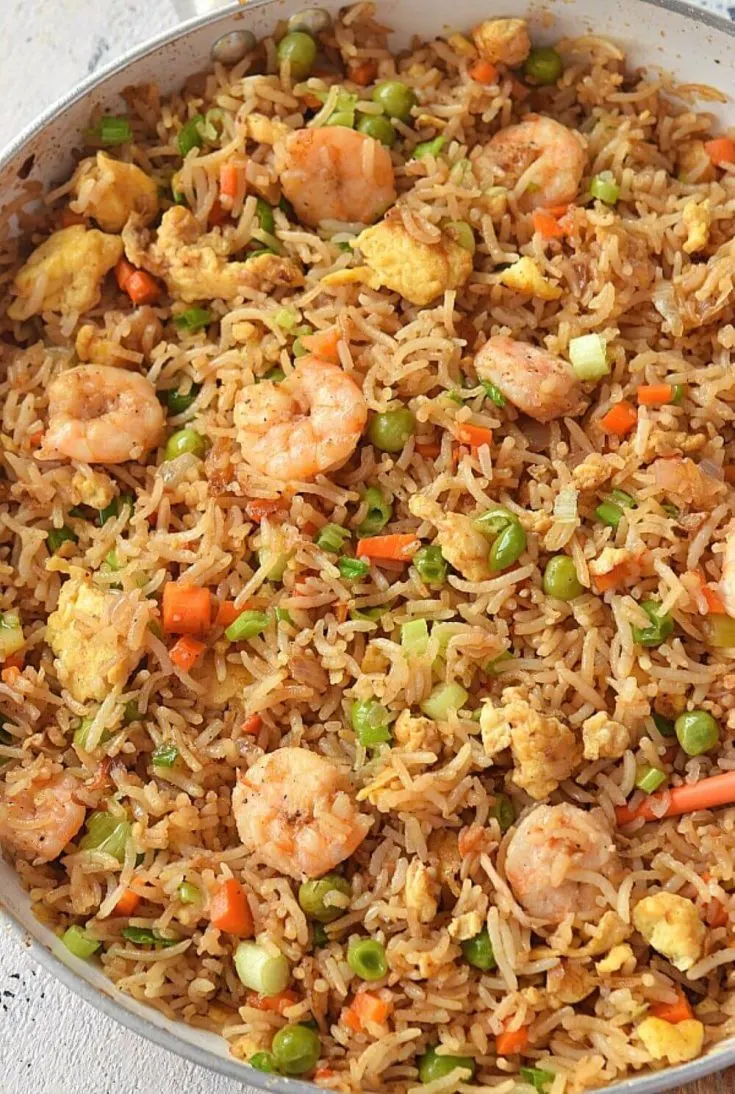 A delicious pan of shrimp fried rice.