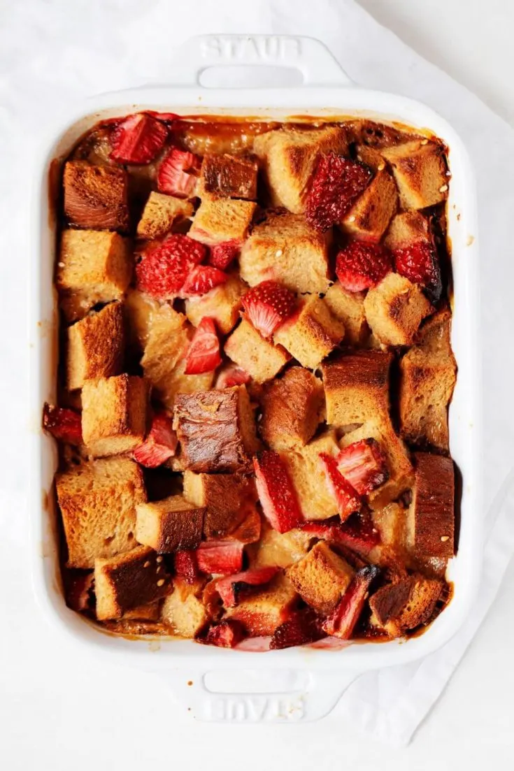 A large baking dish of strawberry french toast casserole.