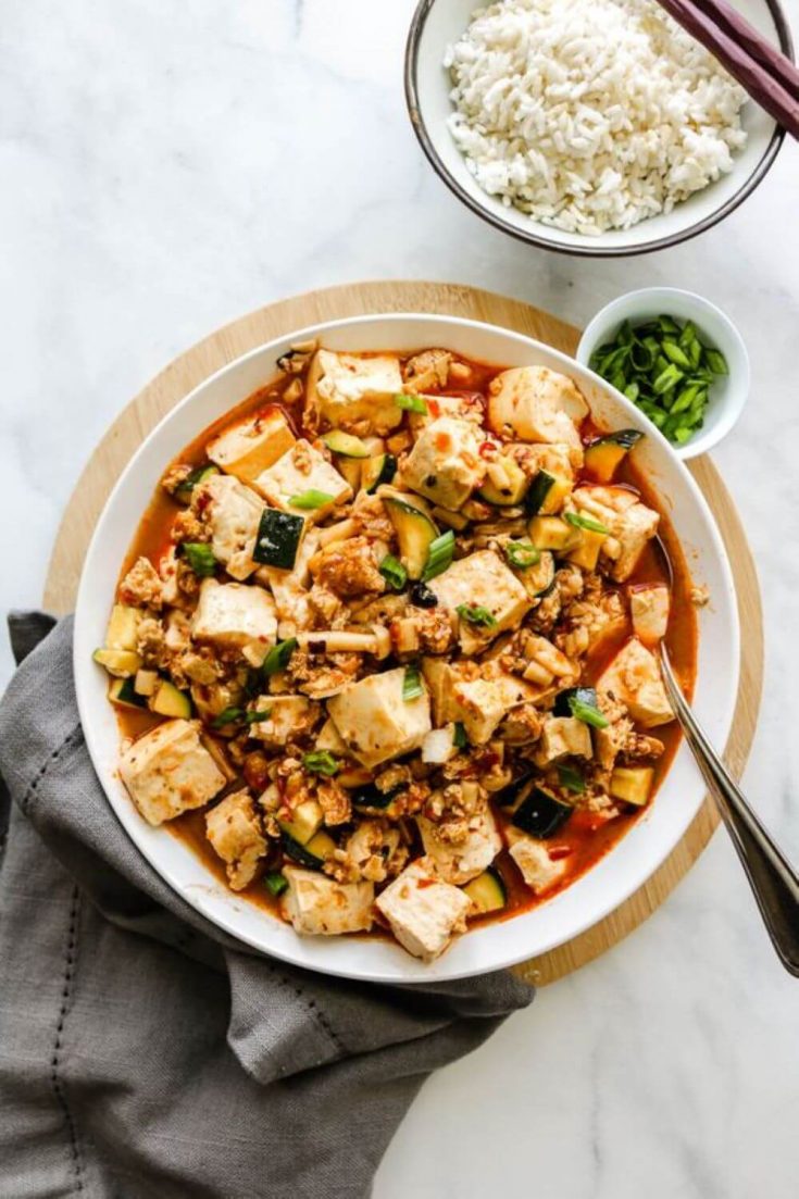 A large bowl of delicious vegan mapo tofu.
