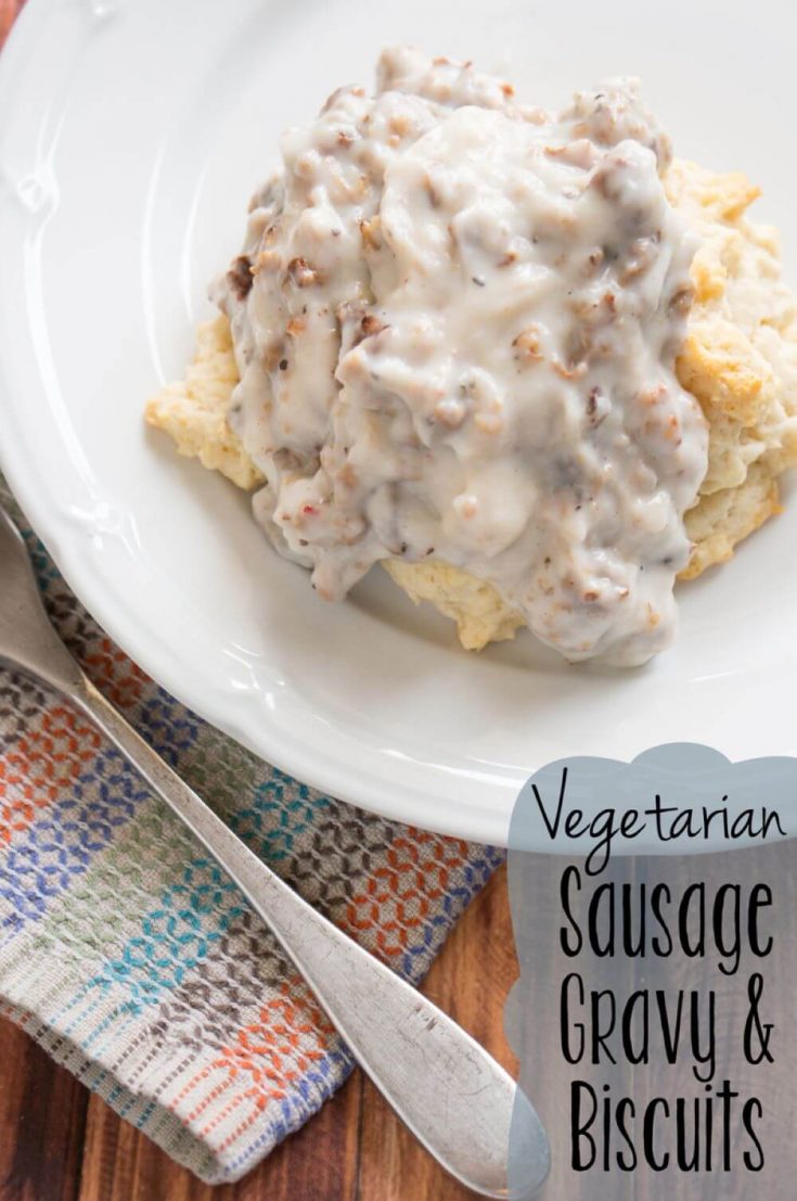 A closeup plate of vegetarian sausage biscuits and gravy.