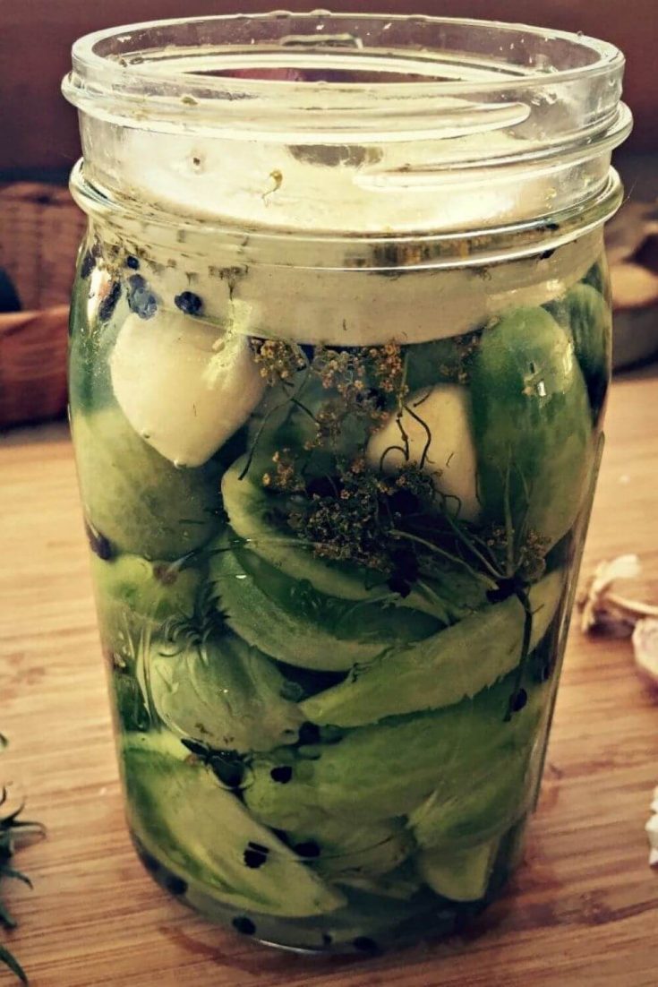 A closeup jar full of fermented green tomatoes.
