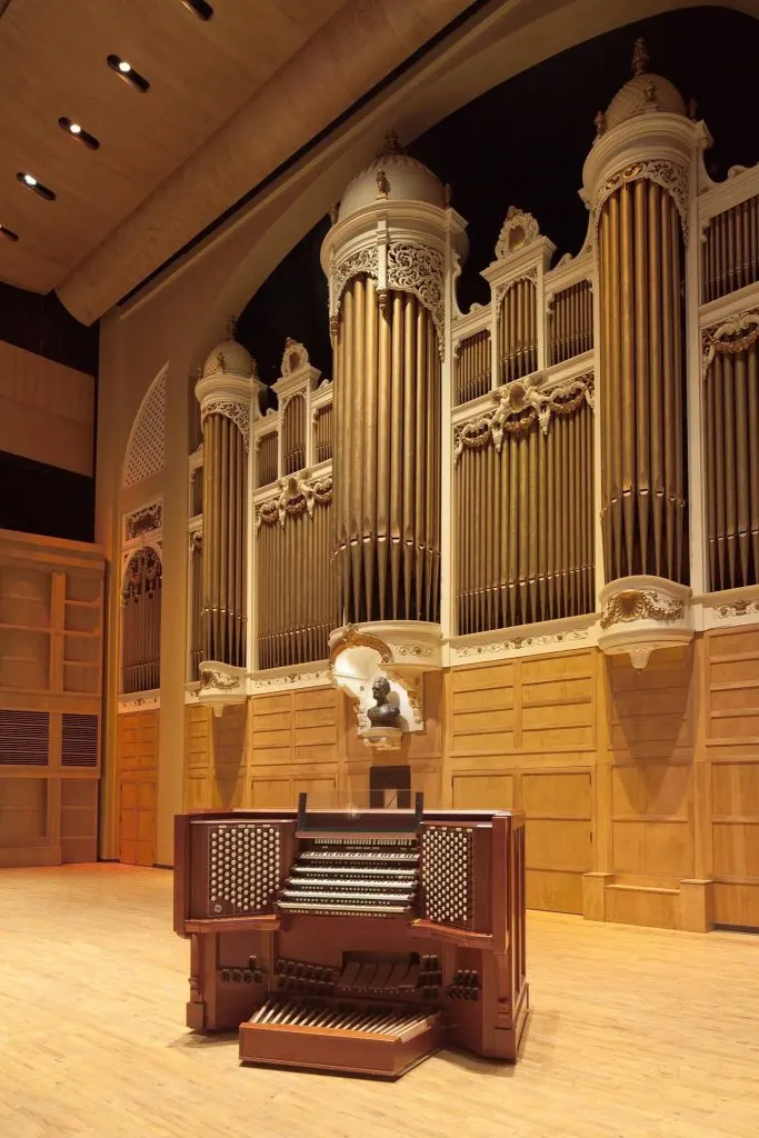 The Kotzschmar Organ and all its pipes in Portland, Maine.