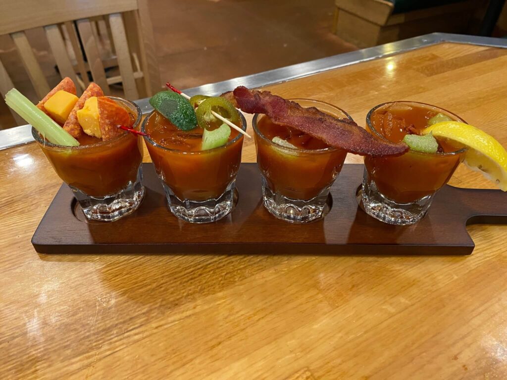 A Bloody Mary flight from the breakfast cocktail menu at Dysart's Restaurant in Bangor, Maine.
